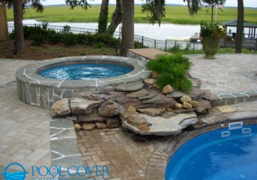 Wadmalaw SC Custom Pool Cover for Elaborate Shape Pool with Spa Spill Over