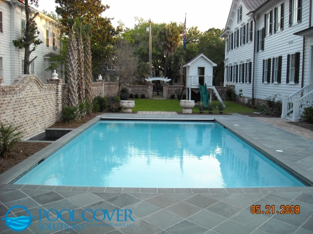 Historic Charleston SC Safety Pool Cover with Travertine Pool Deck