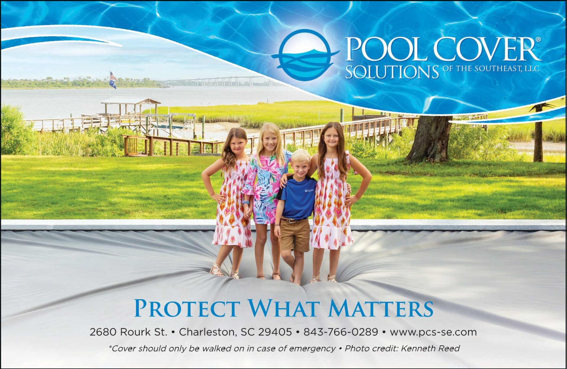 Protect what matters. Four children stand barefooted on an automatic safety pool cover.